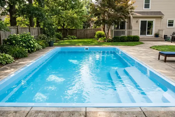 Fiberglass pool in a landscaped backyard