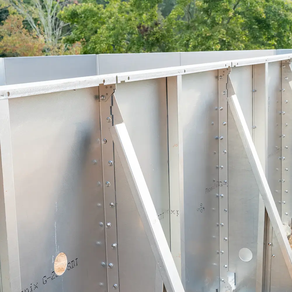Close-up of semi-inground pool steel walls