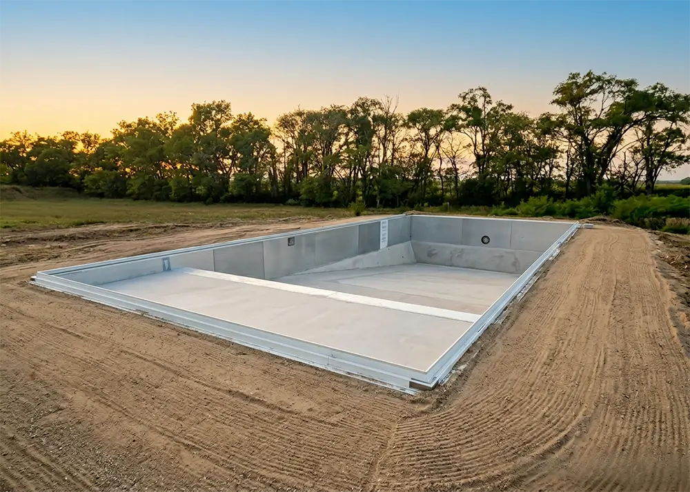 Rectangular inground vinyl pool on a backyard deck