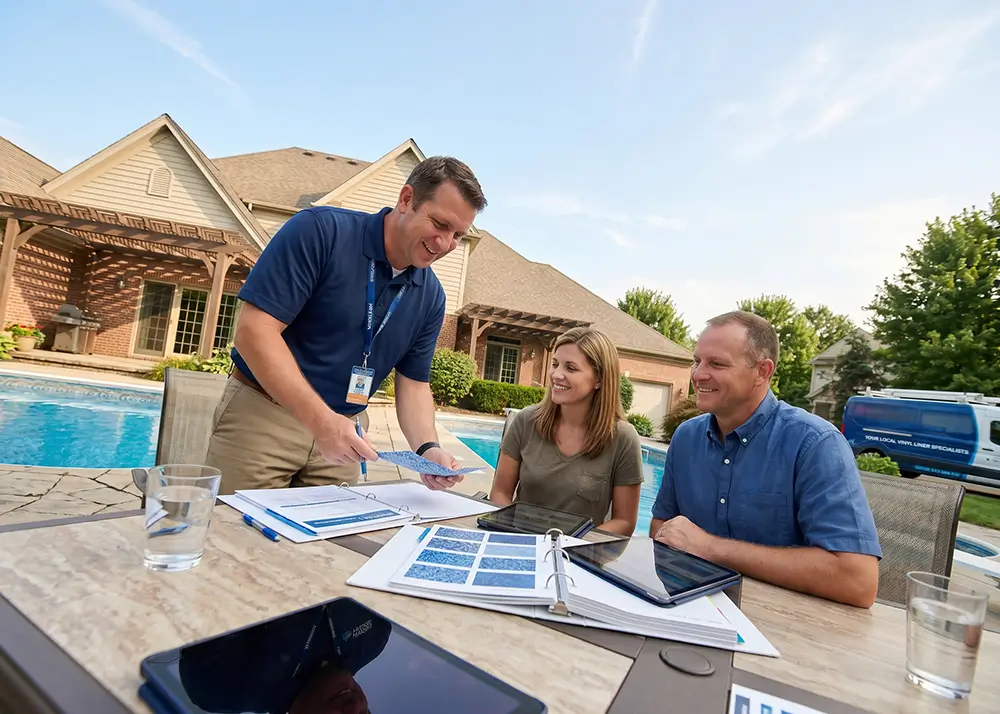 Hydra professional reviewing pool plans with a homeowner