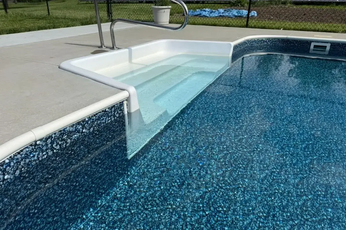 Ice Fire Midnight Infinity Series vinyl pool liner pattern in an inground rectangle pool